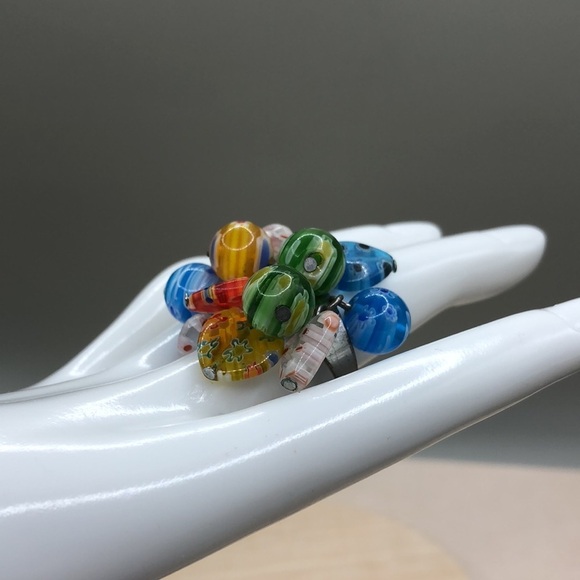 Millefiori Art Glass Bead Cluster Ring Murano Style Boho Statement Size - Picture 2 of 5